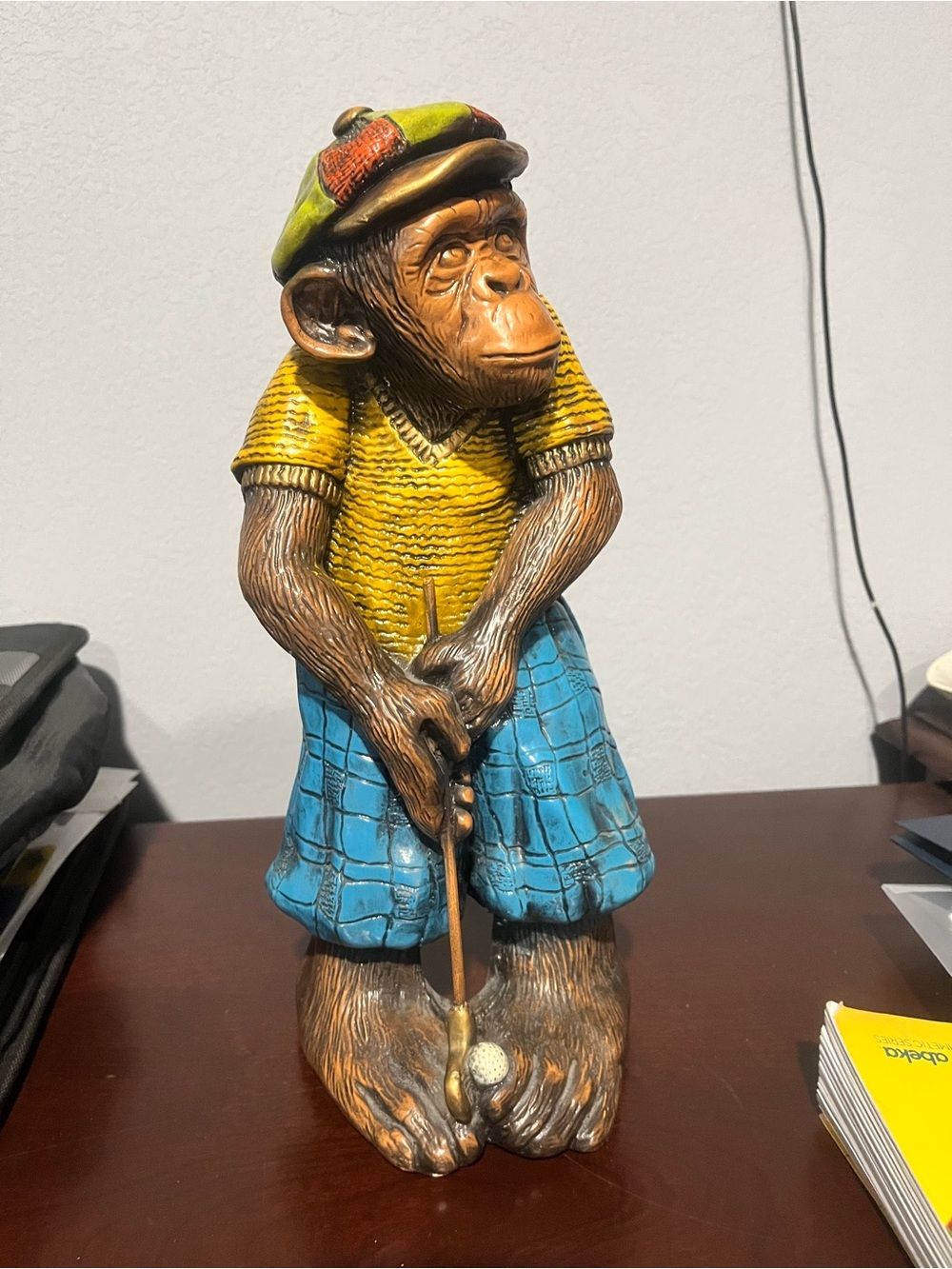 Whimsical Yellow & Blue Monkey Golfer Home Art Statue